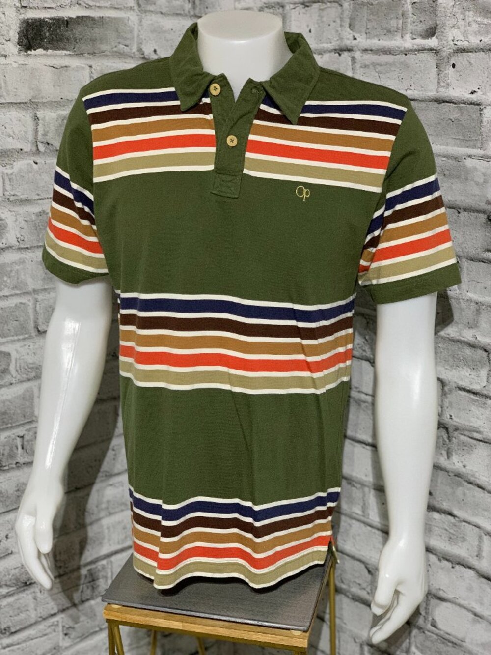Vintage 80s OP Polo Shirt Mens Large Olive Green Striped Retro Casual Preppy 90s